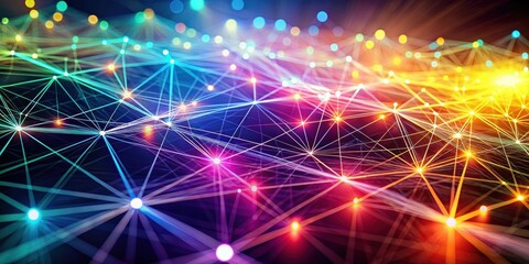 Obraz premium An abstract representation of a complex network with glowing nodes and lines interconnecting in a colorful digital landscape
