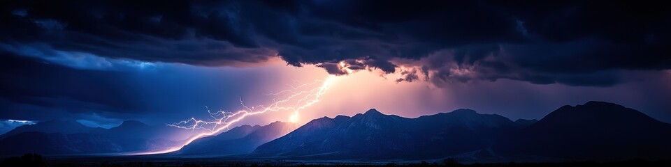 Fototapeta premium Panoramic view of lightning over mountains with ominous clouds