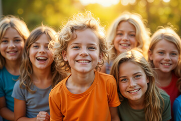 Fototapeta premium A group of children, with a boy in an orange shirt at the center, smiling and laughing together outdoors during sunset.