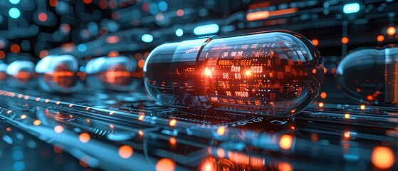 A futuristic digital capsule embedded in a vibrant, glowing network of circuits, symbolizing advanced technology and healthcare.