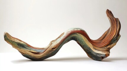 Colorful, swirling driftwood sculpture isolated on white background.