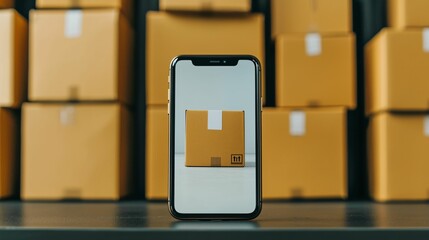 Phone mockup online shopping and business delivery concept. Mobile phone displaying a box design.