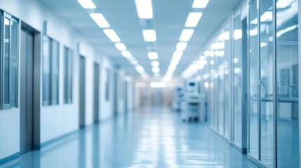 Fototapeta premium Empty school hallway with blue lockers and shiny floor in modern educational building