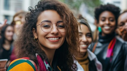 Fototapeta premium Smiling young woman with curly hair in a crowded street during a lively city festival.