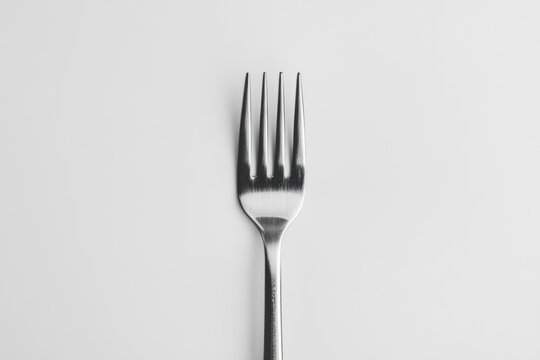 Close-up of a single silver fork on white background.