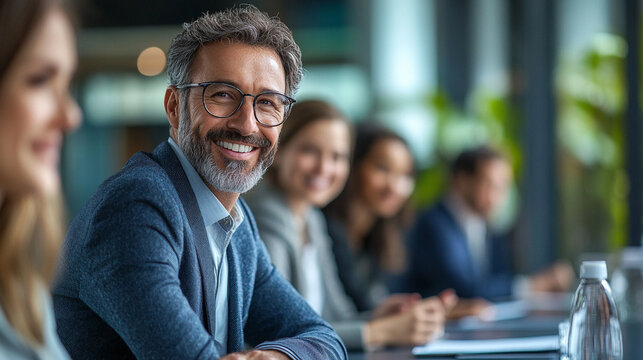 Uśmiechnięty mężczyzna, biznesmen, narada w biurze, tło generative ai  