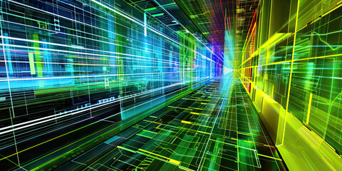 Digital Playground: Bright digital colors like neon green, electric blue, and digital white create a digital playground theme