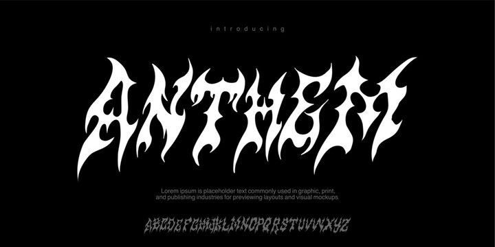 Font the Athem is Gothic horn font, medieval dark y2k alphabet, letter typography print, dark vintage scary typeface. Rock sign, handwritten graffiti, hardcore calligraphy. Gothic font design Band 
