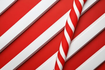 Obraz premium Dynamic Red and White Stripes with Candy Cane - Festive candy cane on red and white diagonal stripes background symbolizing Christmas, sweetness, holidays, celebration, and joy.