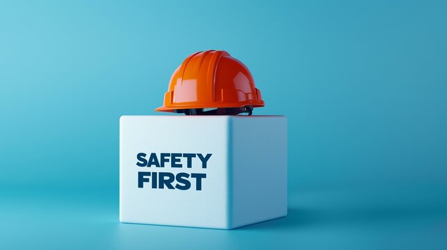 Orange hard hat on a cube emphasizes the importance of workplace safety against a blue background.
