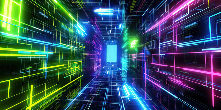 Digital Playground: Bright digital colors like neon green, electric blue, and digital white create a digital playground theme