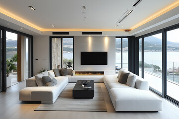 Fototapeta premium Modern living room featuring a clean white sofa and monochrome decor with a scenic view