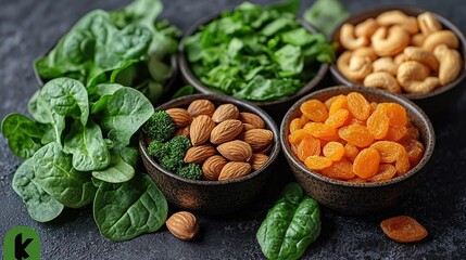 Bowls of spinach, almonds, cashews, and dried apricots on dark surface.
