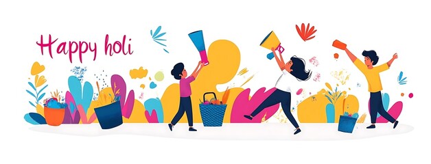 Holi festival, boy playing water gun with with text happy holi