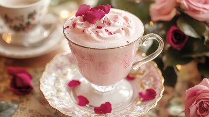 Rose latte with pink foam art, rose petals garnish, vintage cafe table setting 