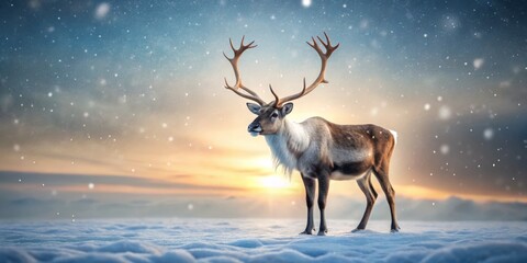Solitary Reindeer with Majestic Antlers on Pristine Snowy Tundra Under Soft Overcast December Sky - Nature's Serenity Captured in Winter Wonderland