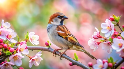 Fototapeta premium Sparrow Perched Gracefully on a Blooming Branch Surrounded by Vibrant Flowers and Lush Greenery, Capturing the Essence of Nature's Beauty in High Depth of Field Photography