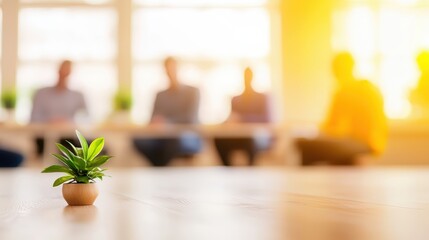 Small plant in focus with blurred meeting background