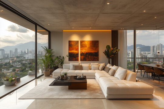 Elegant penthouse living room featuring plush white sofas and stunning views at sunset