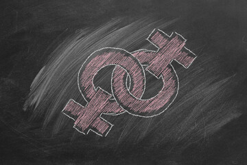 Two female gender symbols, sketched with pink chalk, overlap on a dark classroom chalkboard. LGBT concept