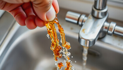 Dirty rusty water flowing from the home kitchen tap after the human hand turns on the faucet. Contamination water problem. Faucet water pollution. 4K with a white accent, png
