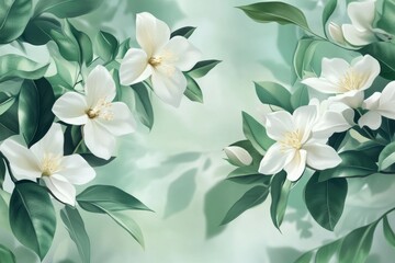Fototapeta premium Elegant White Blossoms and Lush Green Leaves - Elegant white flowers, lush green leaves, serene nature, tranquility, springtime. Beautiful botanical illustration perfect for spring designs.