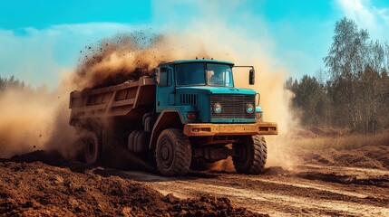 Fototapeta premium Heavy Construction Equipment Concept, Massive Dump Truck Transporting Soil and Dirt through Dusty Construction Site Environment