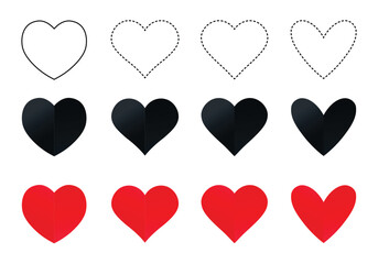 Black and red heart shapes on white background. Red hearts. 