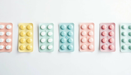 Six blister packs of pills in pastel colors arranged in a row on a white background.