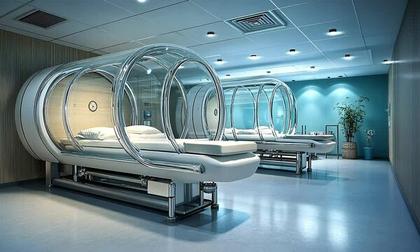 
A tranquil medical environment featuring a transparent hyperbaric oxygen chamber, with soft padding, clear acrylic walls, and a soothing ambiance for ultimate relaxation.