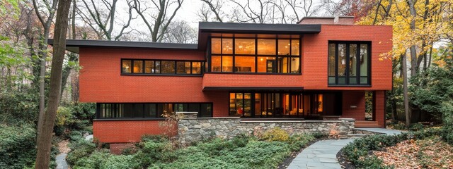 Obraz premium Modern Rustic House with Red Brick Walls, Black Wood Gable Roof and Stone Wall Elements for Architecture Design. Green Landscaping with Pathway Adds Charm.