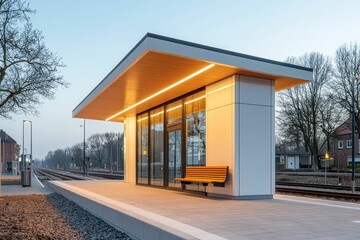 Fototapeta premium Modern train station built from prefabricated steel and glass segments, infrastructure innovation, elegant and efficient design