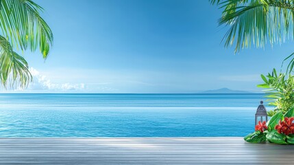Naklejka premium Serene tropical ocean view with vibrant greenery.
