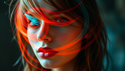 Naklejka premium Portrait of a woman with flowing red lighting and soft highlights, blending art and motion
