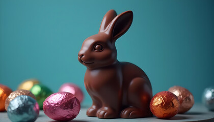 Cute Easter chocolate bunny sitting on a uniform background, Easter chocolate eggs around the bunny