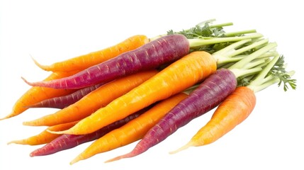 Pile of multi-colored carrots, orange, purple, yellow, transparent background -