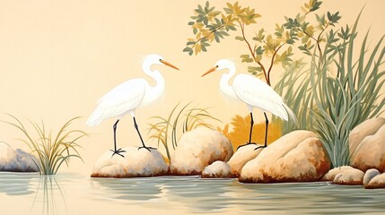 Obraz premium Idyllic Riverside Scene with Egrets Wading in Shallow Waters in Oriental Style