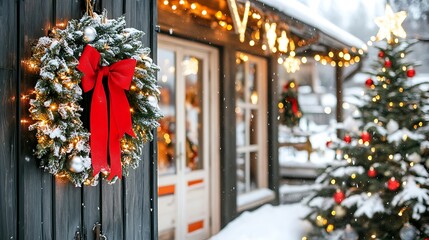 Celebrating the Joy of Christmas with a Festive Wreath and Beautifully Decorated Tree in a Winter Wonderland