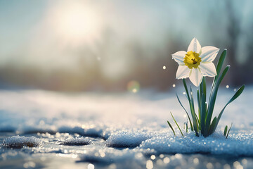 White daffodils blooming through melting snow in spring sunlight
