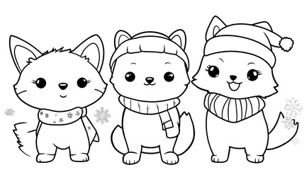 Obraz premium Three cute cartoon animals dressed warmly for winter, featuring a fox, cat, and dog, celebrating the cozy season with scarves and hats.