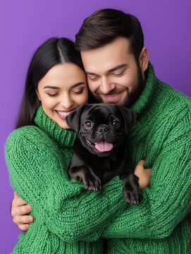 Smiling couple in green sweaters holding a black pug puppy on a purple backdrop