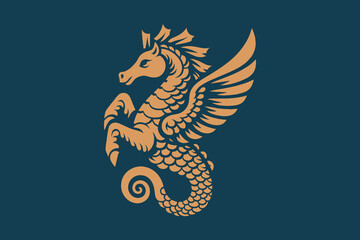 Sea horse. Hippocampus Mythical creature. Ancient vector illustration, emblem, logo, print. Gold on blue © Victoria
