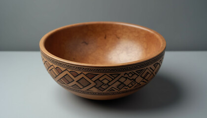 A light brown wooden bowl with intricate geometric patterns etched near the rim.