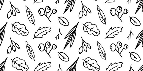 Obraz premium Seamless pattern with hand drawn berries and herbs.