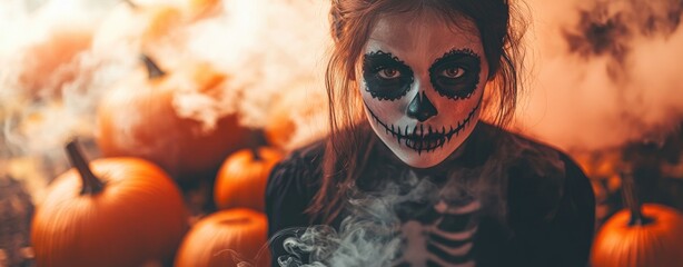 a Halloween party, a little girl with face paint in skull makeup surrounded by pumpkins and smoke