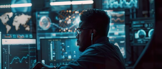 Focused Black IT Specialist Analyzing Cybersecurity Data on Multiple Screens