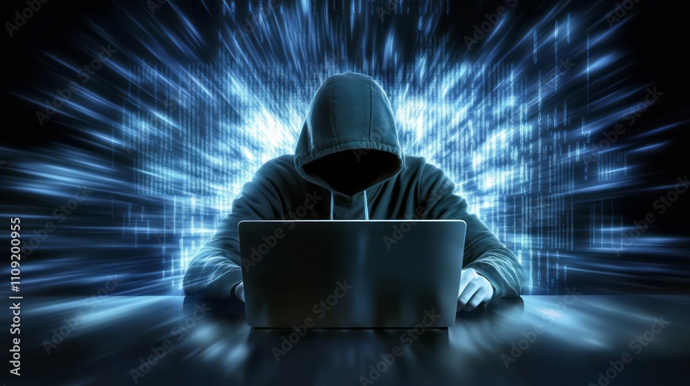 Fototapete anonymous acker with a hood covering his face. computer abstract digital code motion graphics dynami