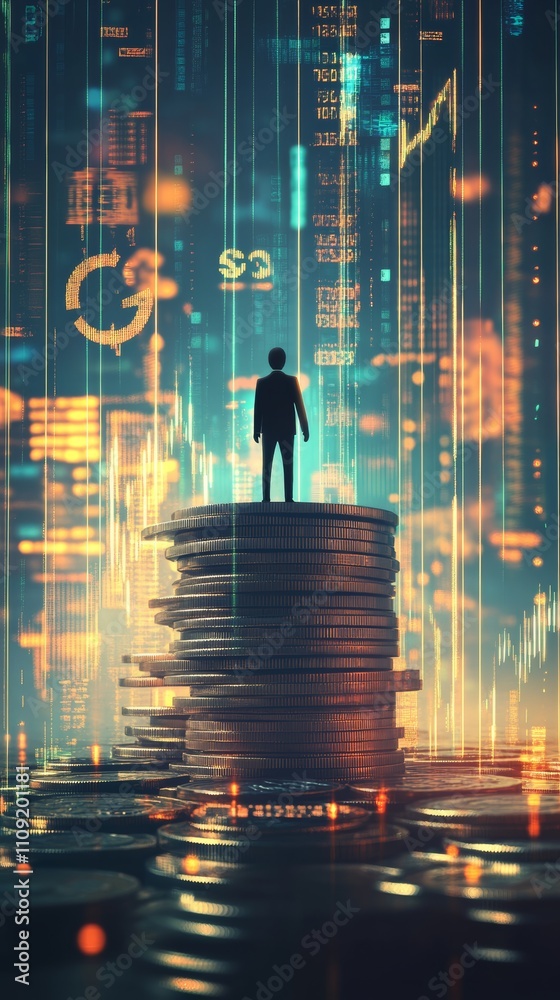 Poster businessman standing on large stack of coins observes glowing financial data and charts representing