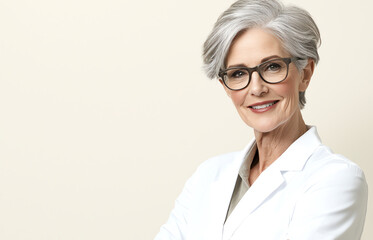 A confident older woman with stylish glasses and short gray hair, dressed in a white coat. She smiles warmly, conveying professionalism and experience in a bright, neutral setting.