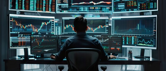 Cryptocurrency Trader Analyzing Market Data on Multiple Screens